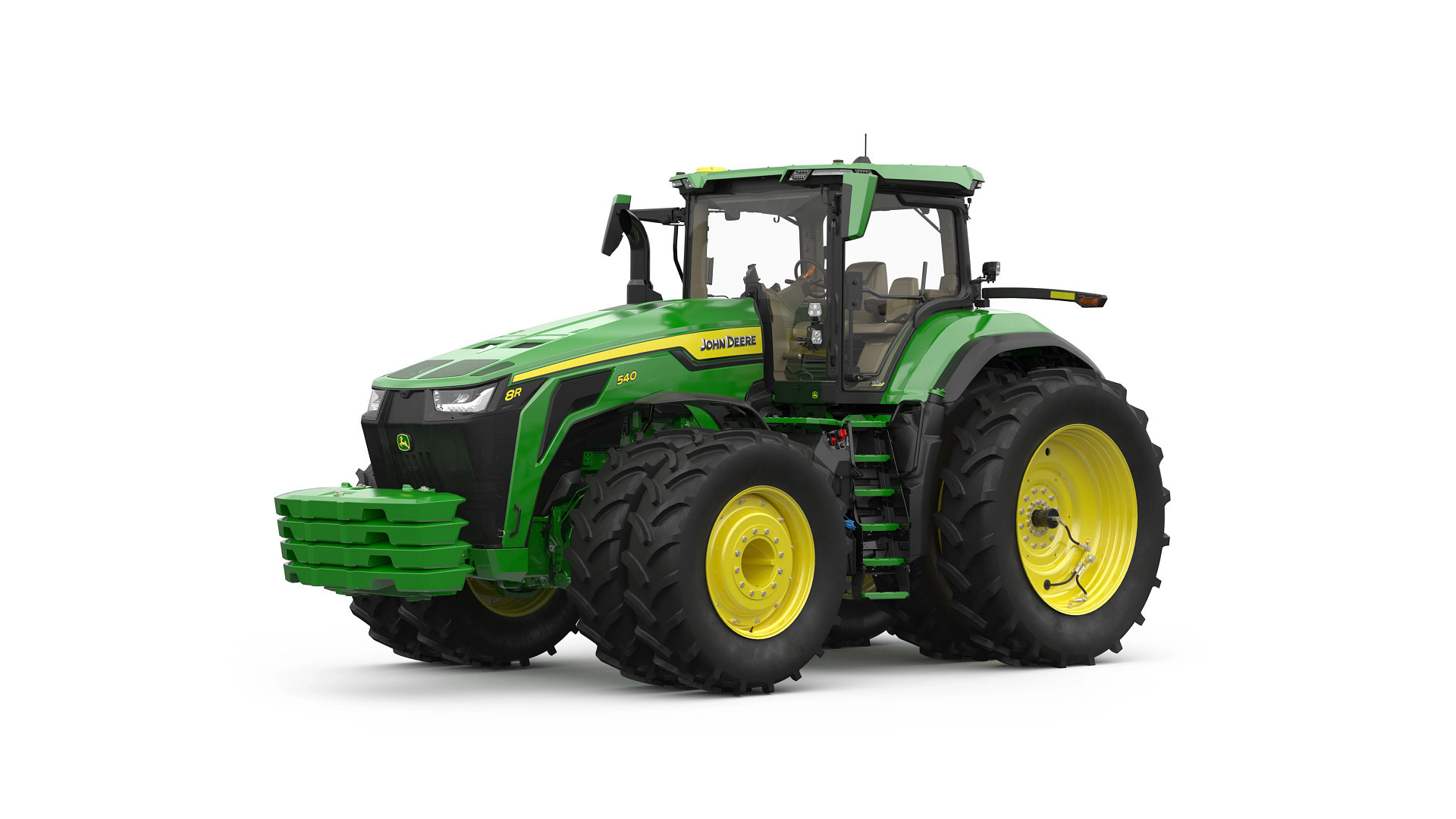 John Deere 8R 540 tractor on dual wheels, front three-quarter studio view
