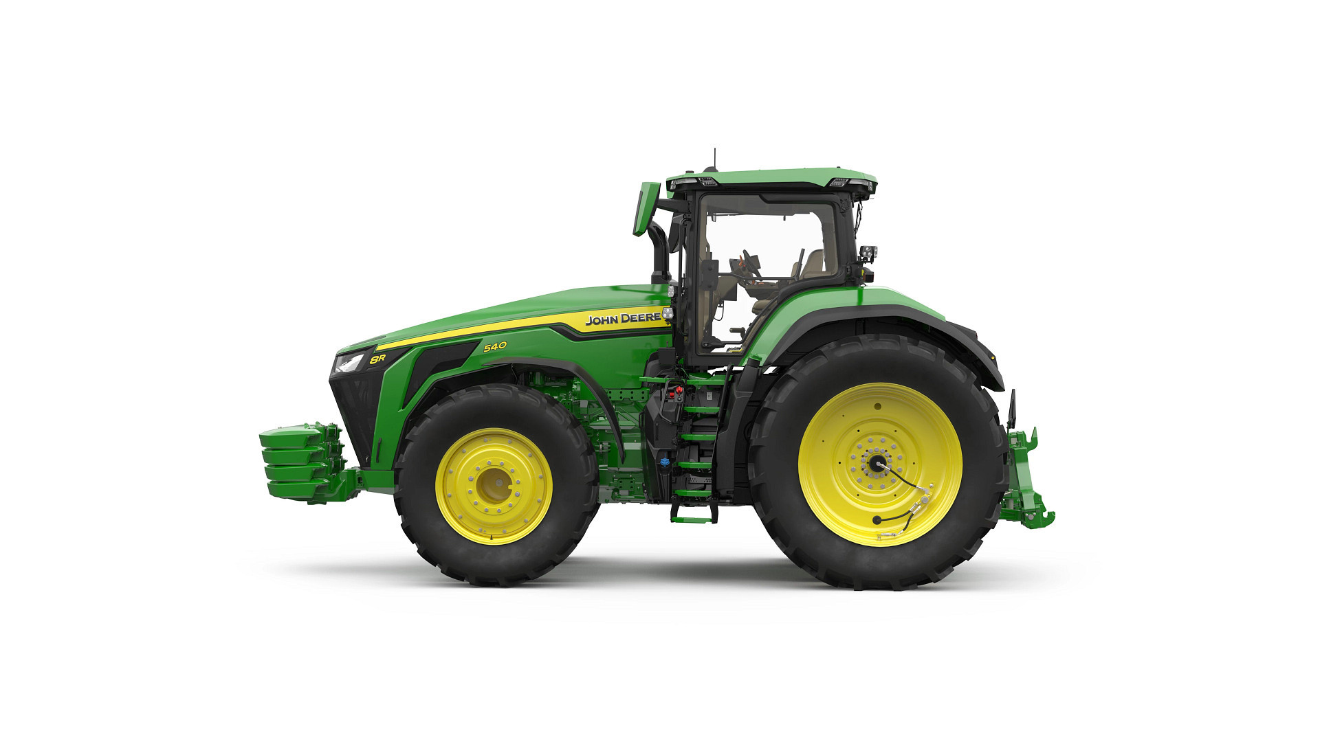 John Deere 8R 540 tractor side profile showing the 540 badge and dual rear wheels